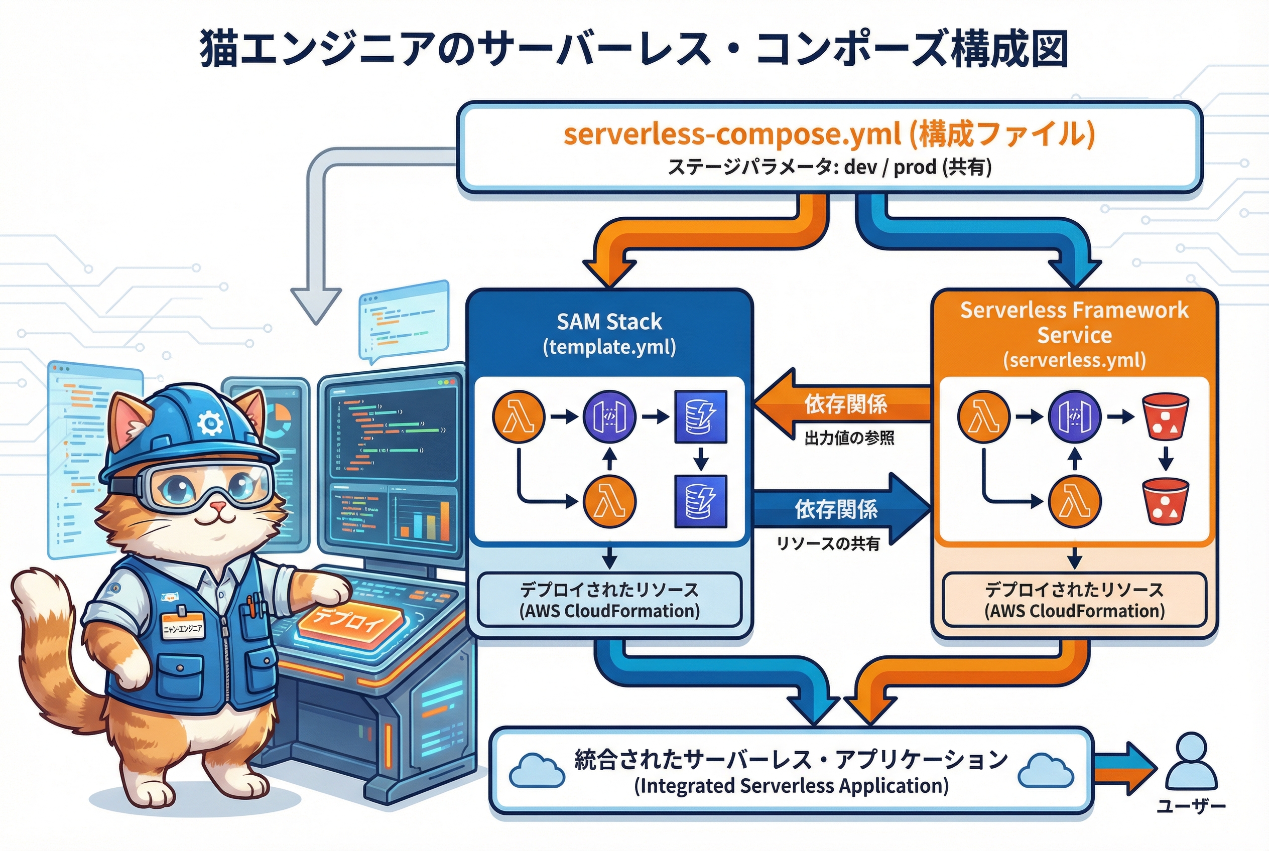Serverless Compose で SAM スタックと SLS サービスを混在管理するアーキテクチャ図(猫エンジニア解説)