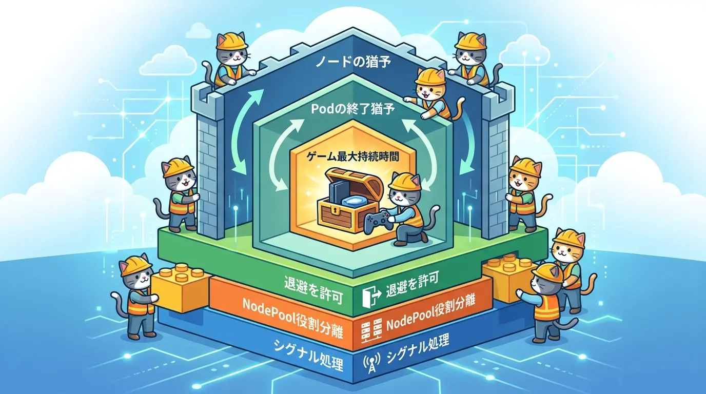 ノードのterminationGracePeriodがPodのterminationGracePeriodSecondsより長く、それがゲーム最大持続時間より長いという猶予期間の階層と、eviction設定やNodePool分離を積み上げた設計レイヤを示す図