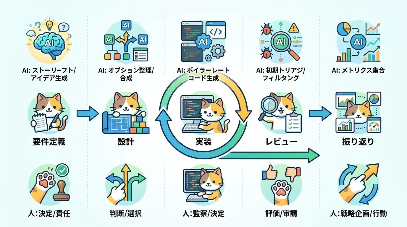 要件定義から振り返りまでの各工程に生成AIを組み込むイメージ