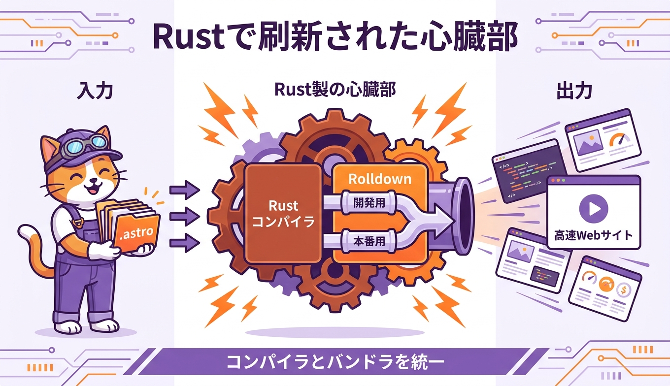 Astro 7.0がRust製コンパイラとRolldownで.astroファイルとバンドル処理を高速化する流れを示した図
