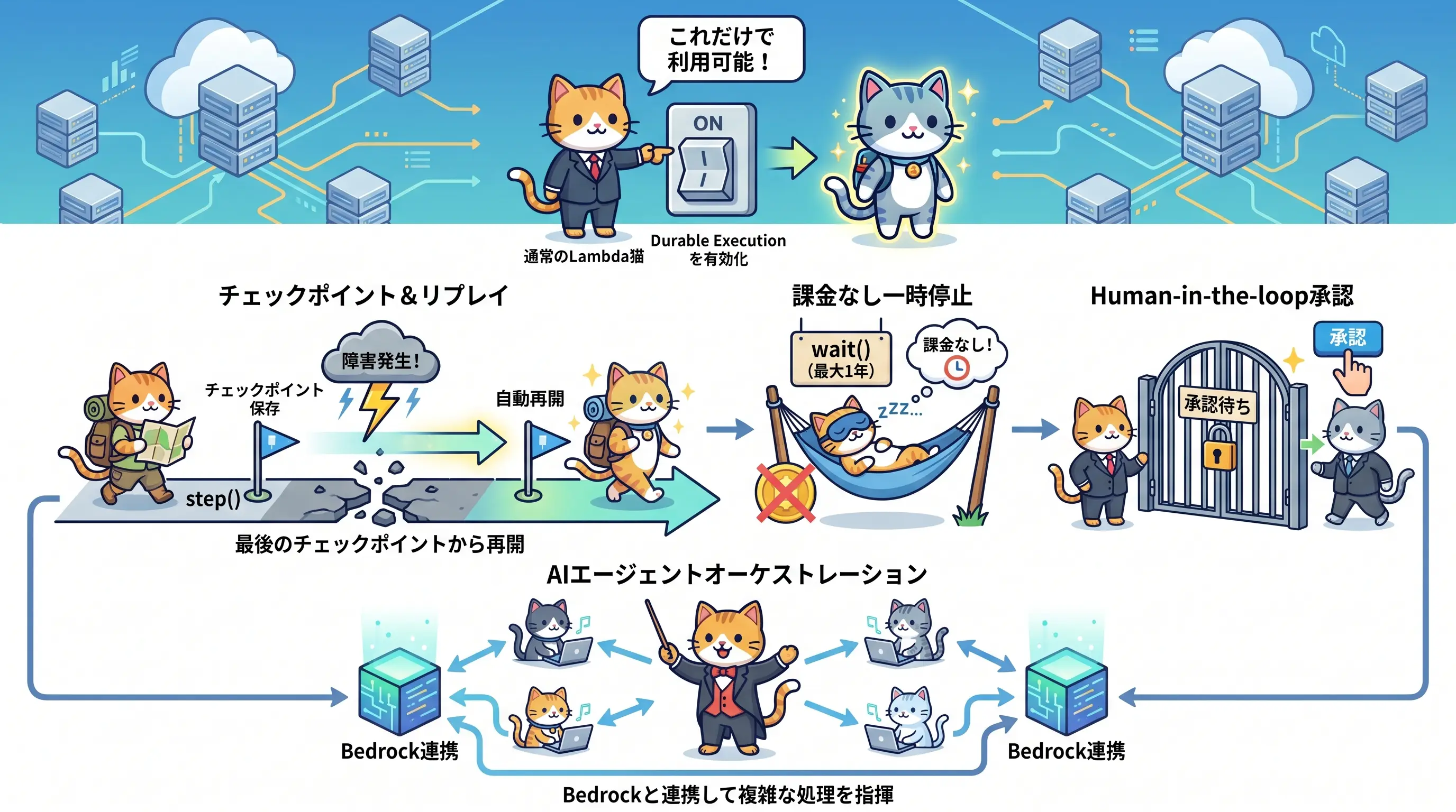 Lambda durable functionsのチェックポイント&リプレイの仕組みを示すインフォグラフィック
