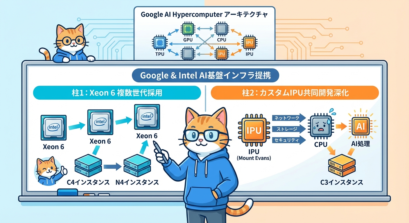 GoogleとIntelのAI基盤インフラ提携の全体像を示すインフォグラフィック。Xeon CPU、IPU、TPUのヘテロジニアス構成をわかりやすく解説。