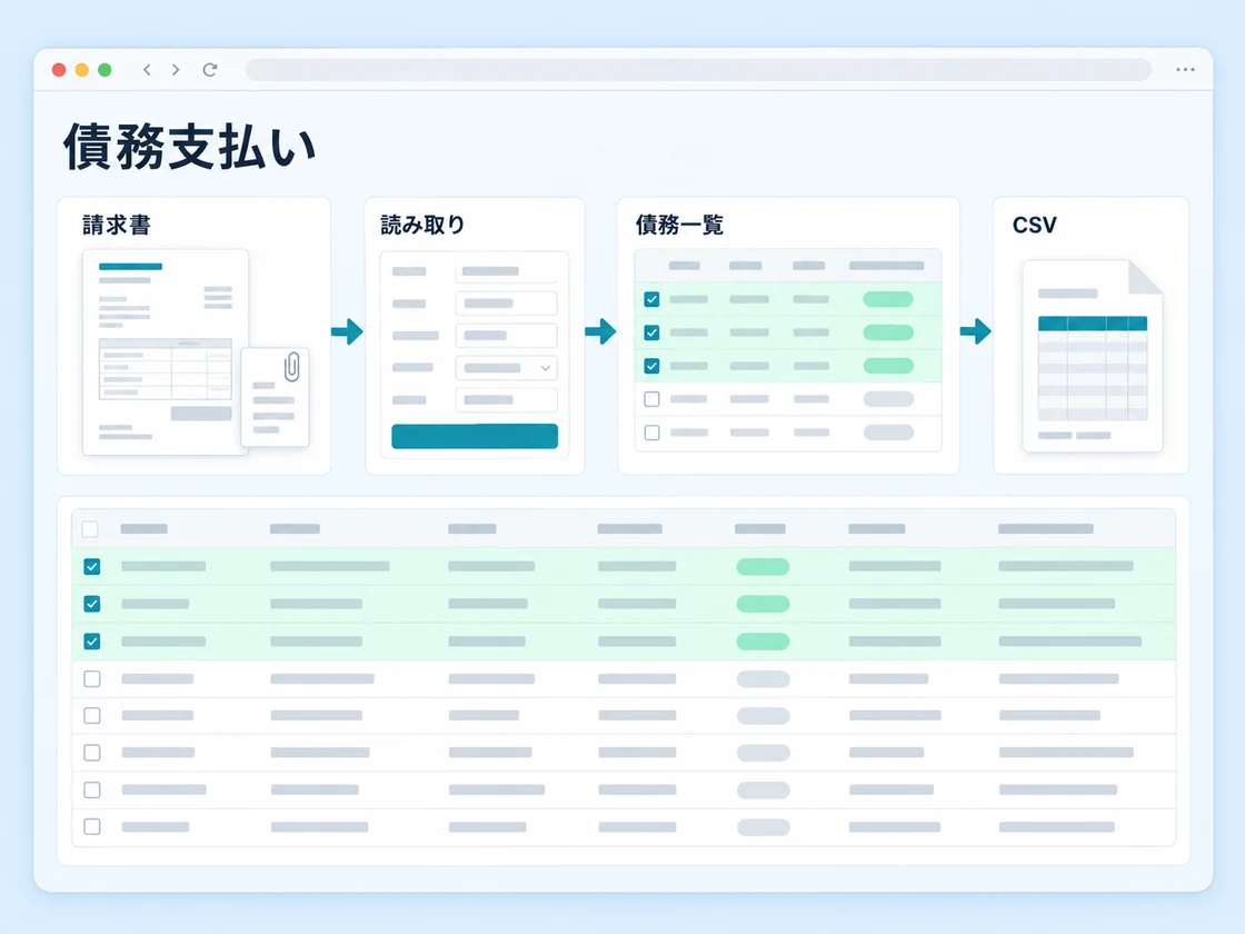 MOCHIRO DEPTの説明図。請求書の受付、AIによる読み取り、債務一覧、CSVの出力の流れと、チェックを付けた債務の一覧を表示している