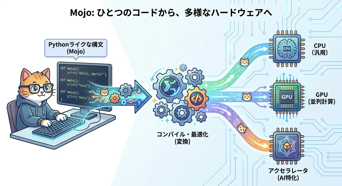 Pythonライクな構文からCPUやGPUなど各種ハードウェア向けにコンパイルされる流れを表したインフォグラフィック