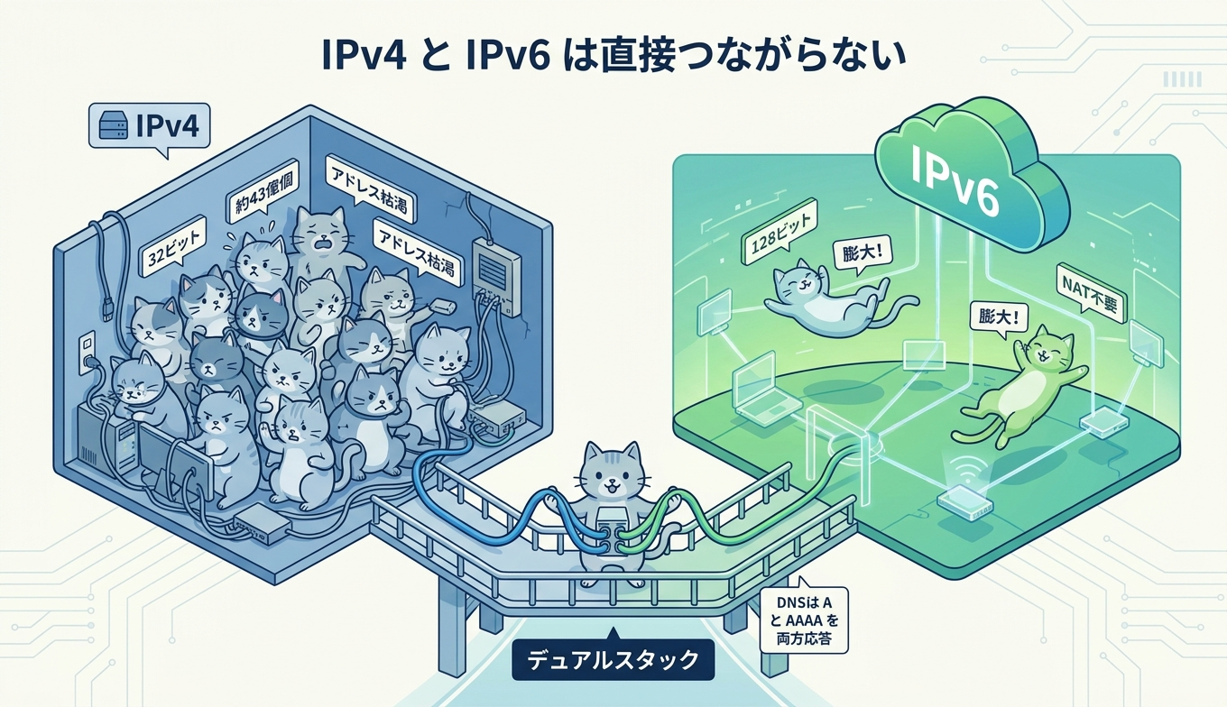 IPv4とIPv6の違いとデュアルスタックの概念図