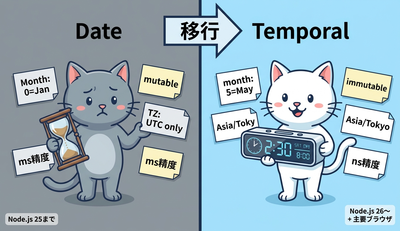 DateとTemporalの違いを月の0始まり、可変性、タイムゾーン、精度で対比したインフォグラフィック