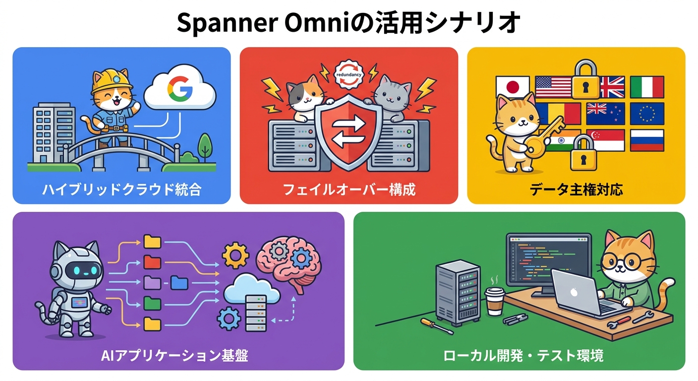 Spanner Omniのユースケース別活用シナリオ図(ハイブリッドクラウド・データ主権・ローカル開発)