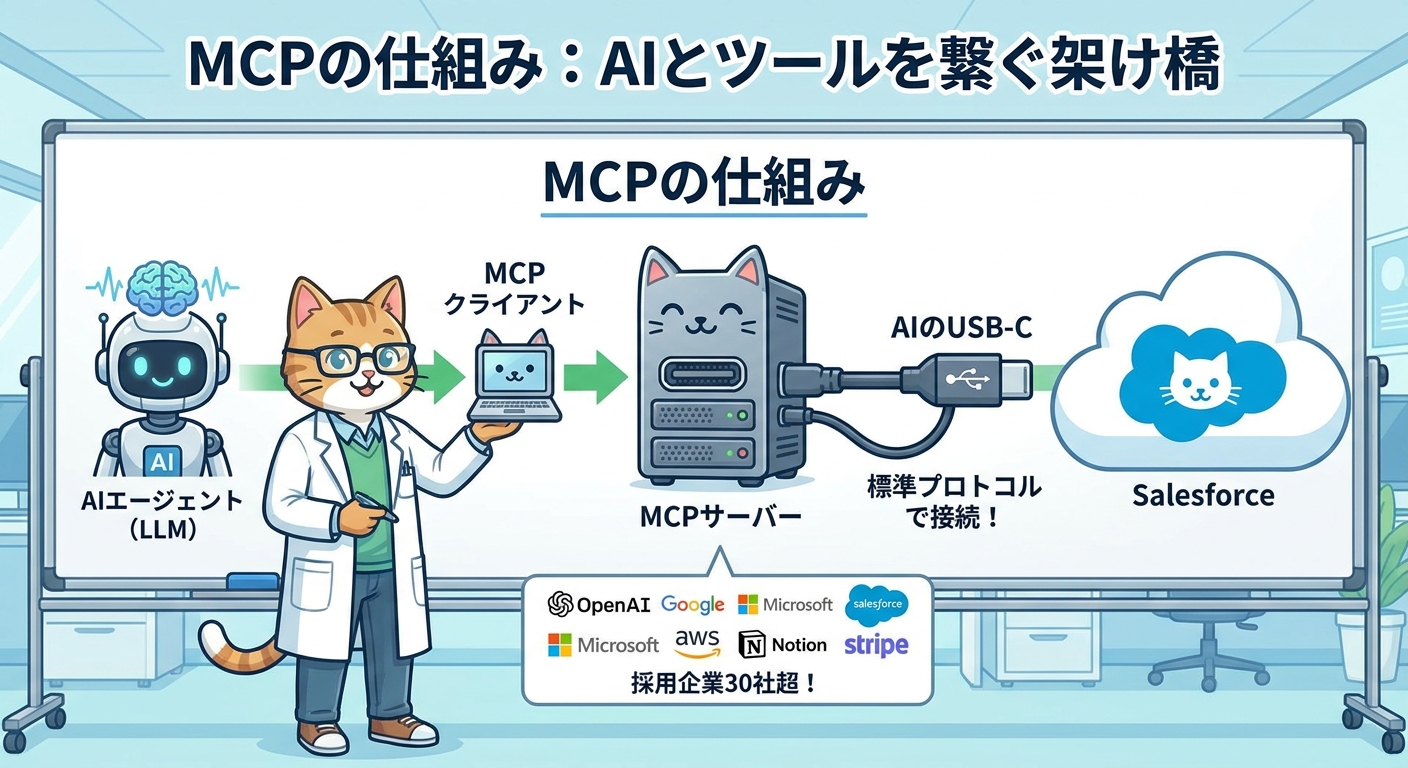 MCPの仕組みを示すフロー図:AIエージェントからMCPクライアント、MCPサーバーを経由してSalesforceへ接続する流れ