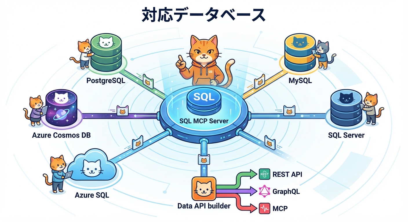 SQL MCP Serverの対応データベースを示すインフォグラフィック