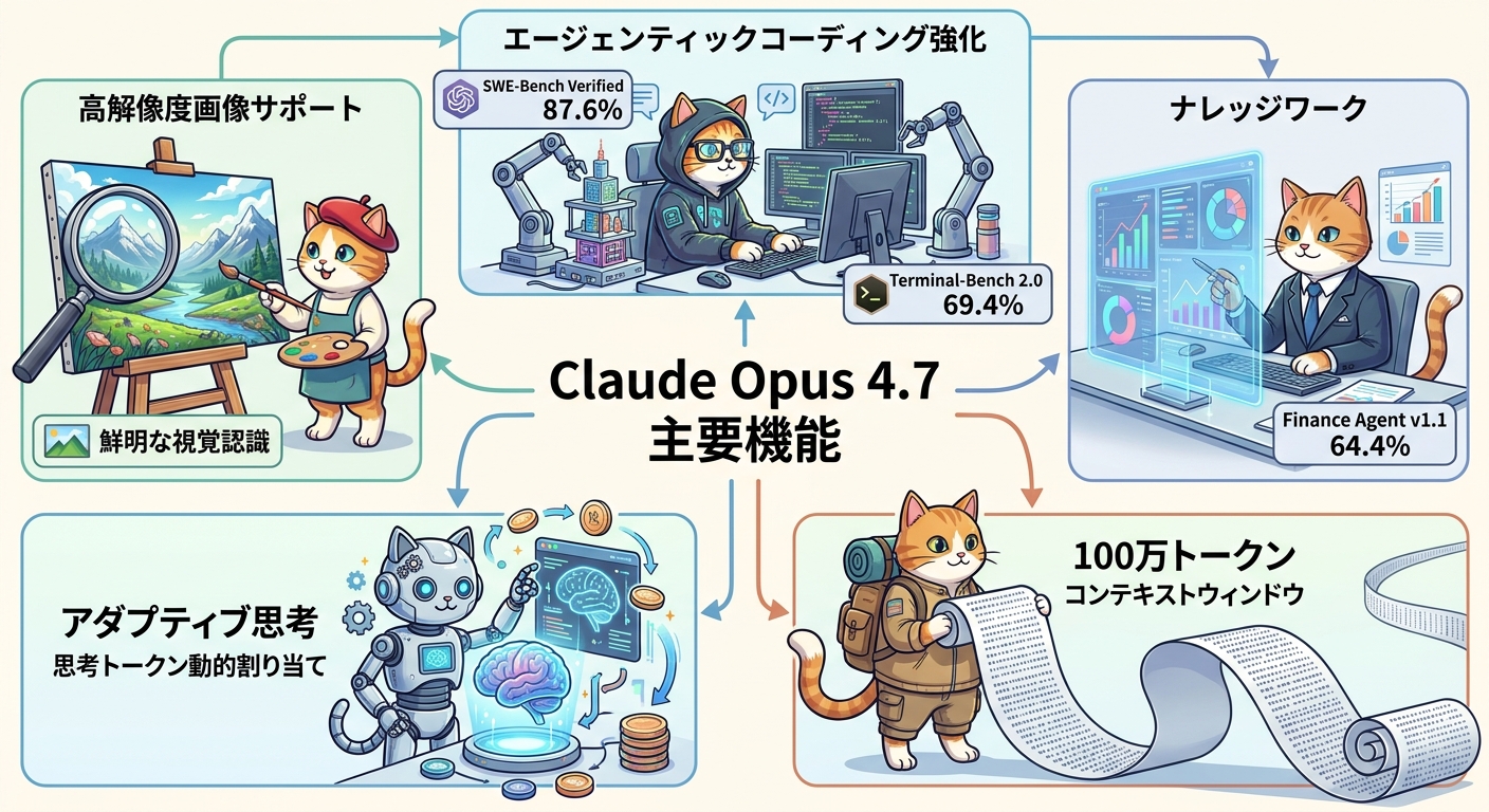 Claude Opus 4.7 の主要機能と特徴を示すインフォグラフィック