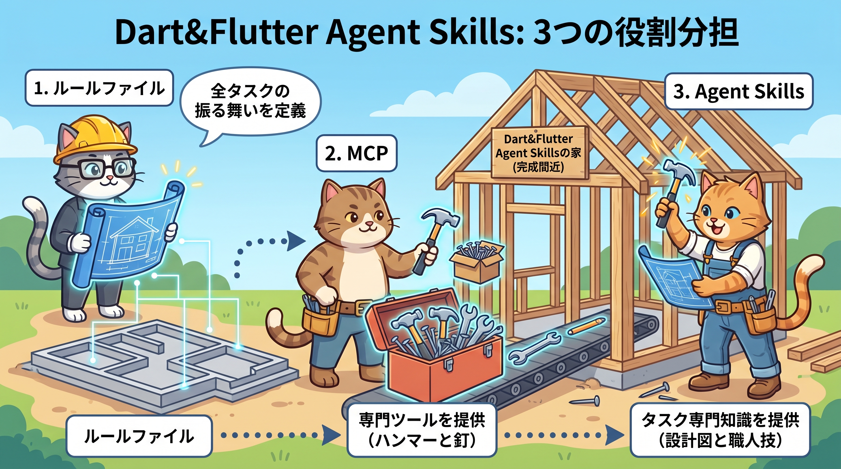 Dart＆Flutter Agent Skillsの3つの役割分担図