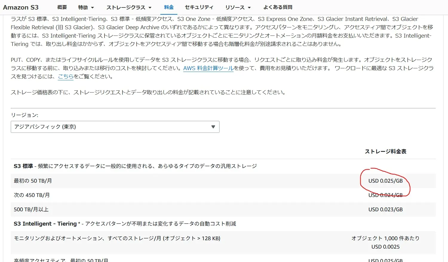 東京リージョンでのS3 Standardの料金は約$0.025/GB・月