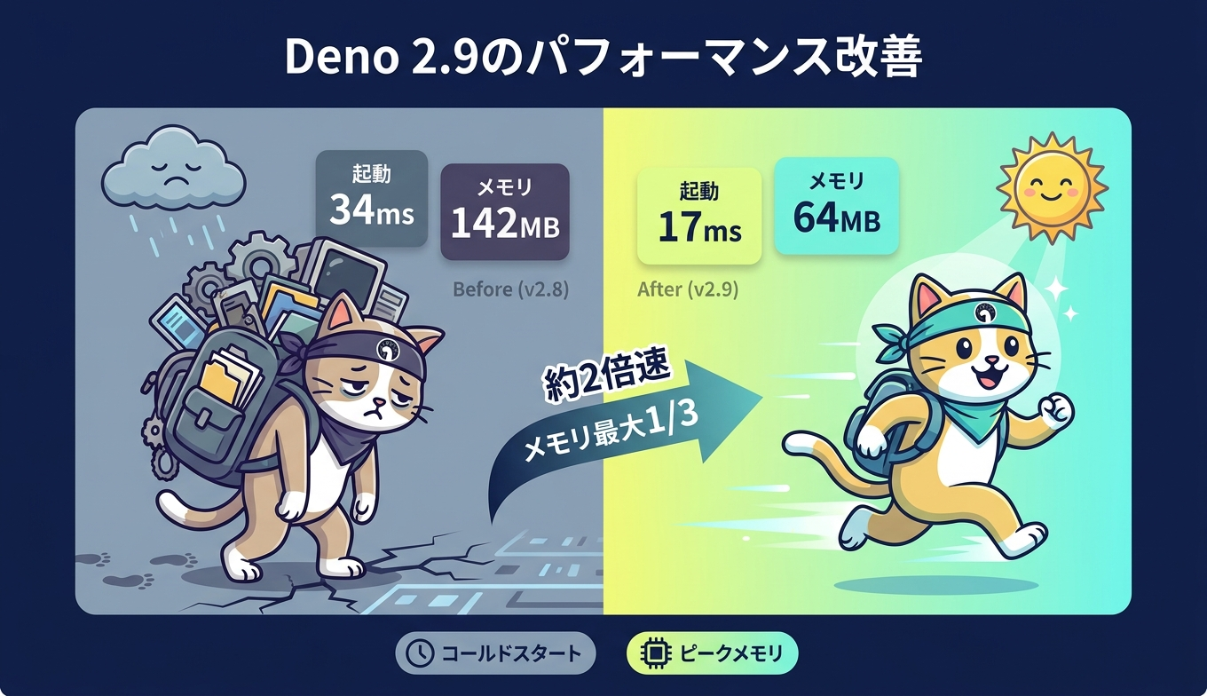 Deno 2.9の起動高速化とメモリ削減をBefore/Afterで比較した図