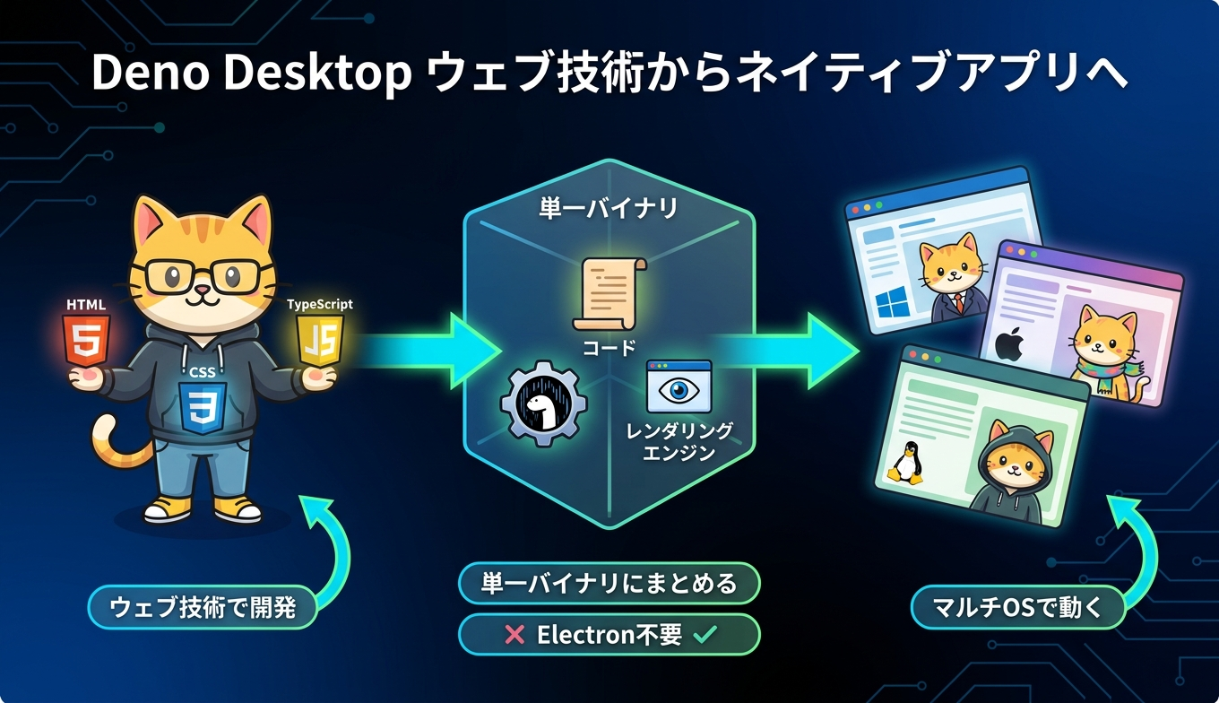 Deno Desktopでウェブ技術を単一バイナリにまとめマルチOSで動かす流れの図