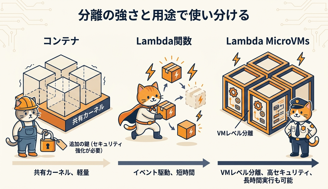 Lambda MicroVMsとコンテナとLambda関数の分離と用途の違いを比較した図