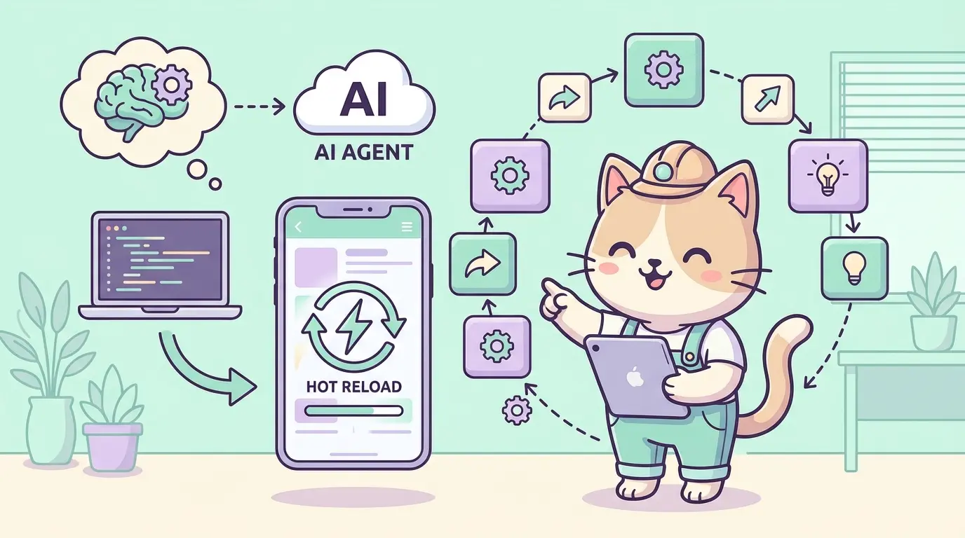 FlutterホットリロードとAIエージェントのワークフローを説明する猫エンジニアのインフォグラフィック