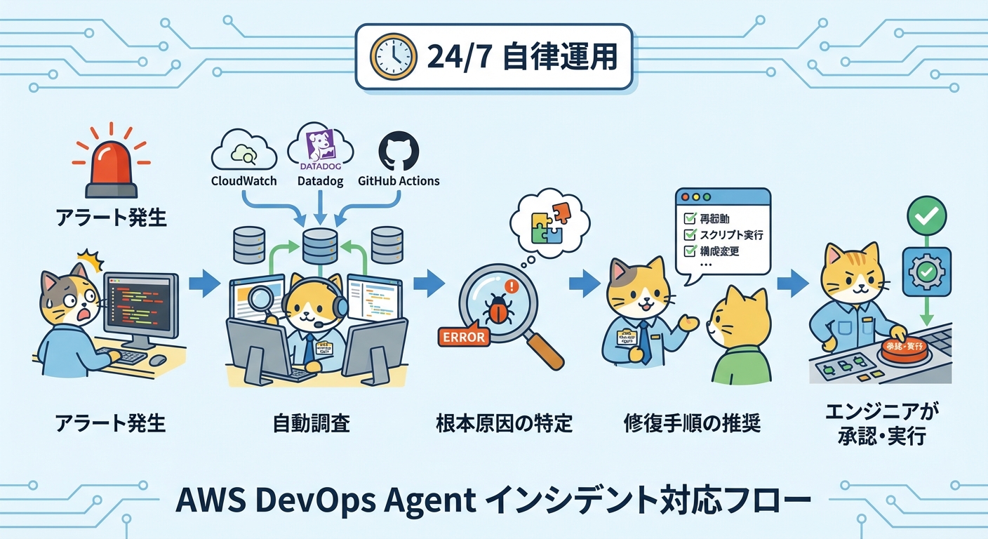 AWS DevOps Agentのインシデント対応フロー図