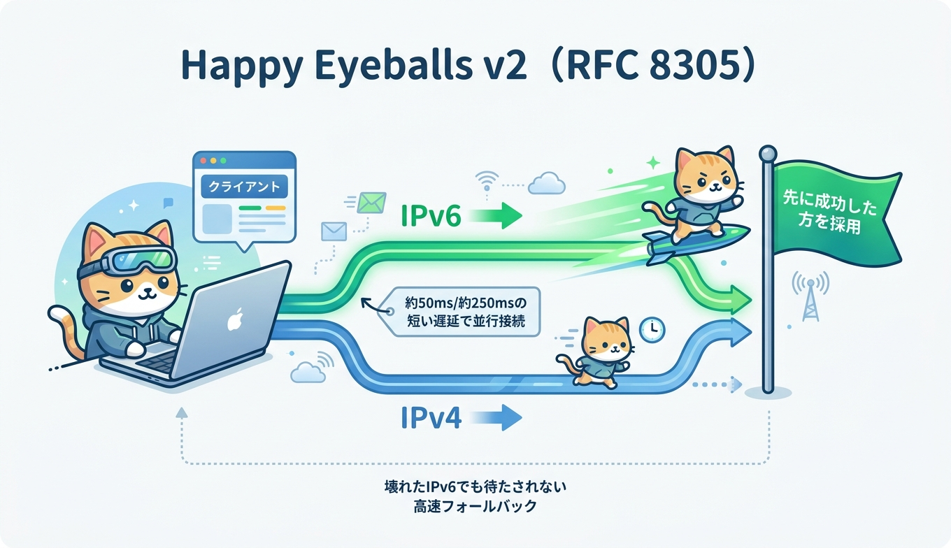 Happy Eyeballs v2によるデュアルスタック接続の流れ