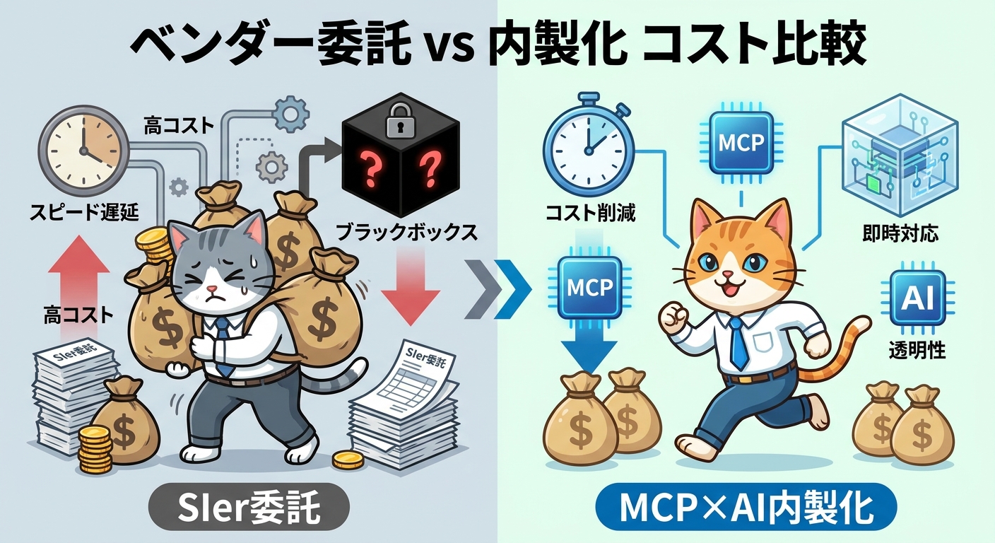 ベンダー委託モデルとMCP内製化モデルのコスト・スピード・透明性を比較するインフォグラフィック