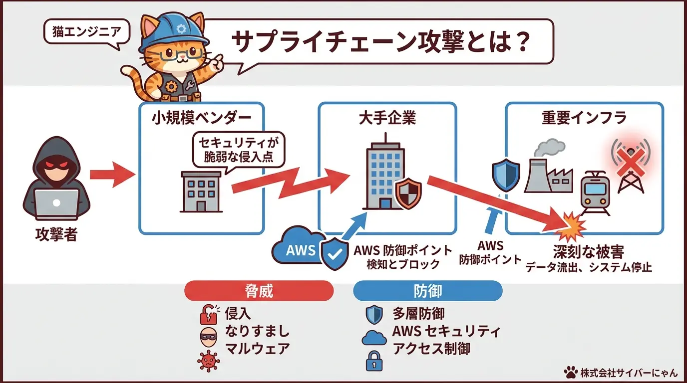 サプライチェーン攻撃の経路図:小規模ベンダーから大手企業・重要インフラへの侵害フロー