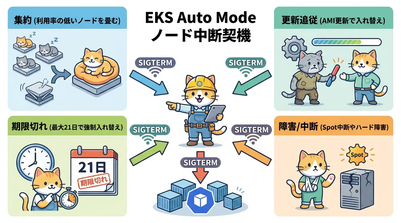 EKS Auto ModeのノードをKarpenterがConsolidation、Drift、Expiration、Interruptionの4つの契機で中断し、対象ノード上のPodにSIGTERMが送られる流れを示した概念図