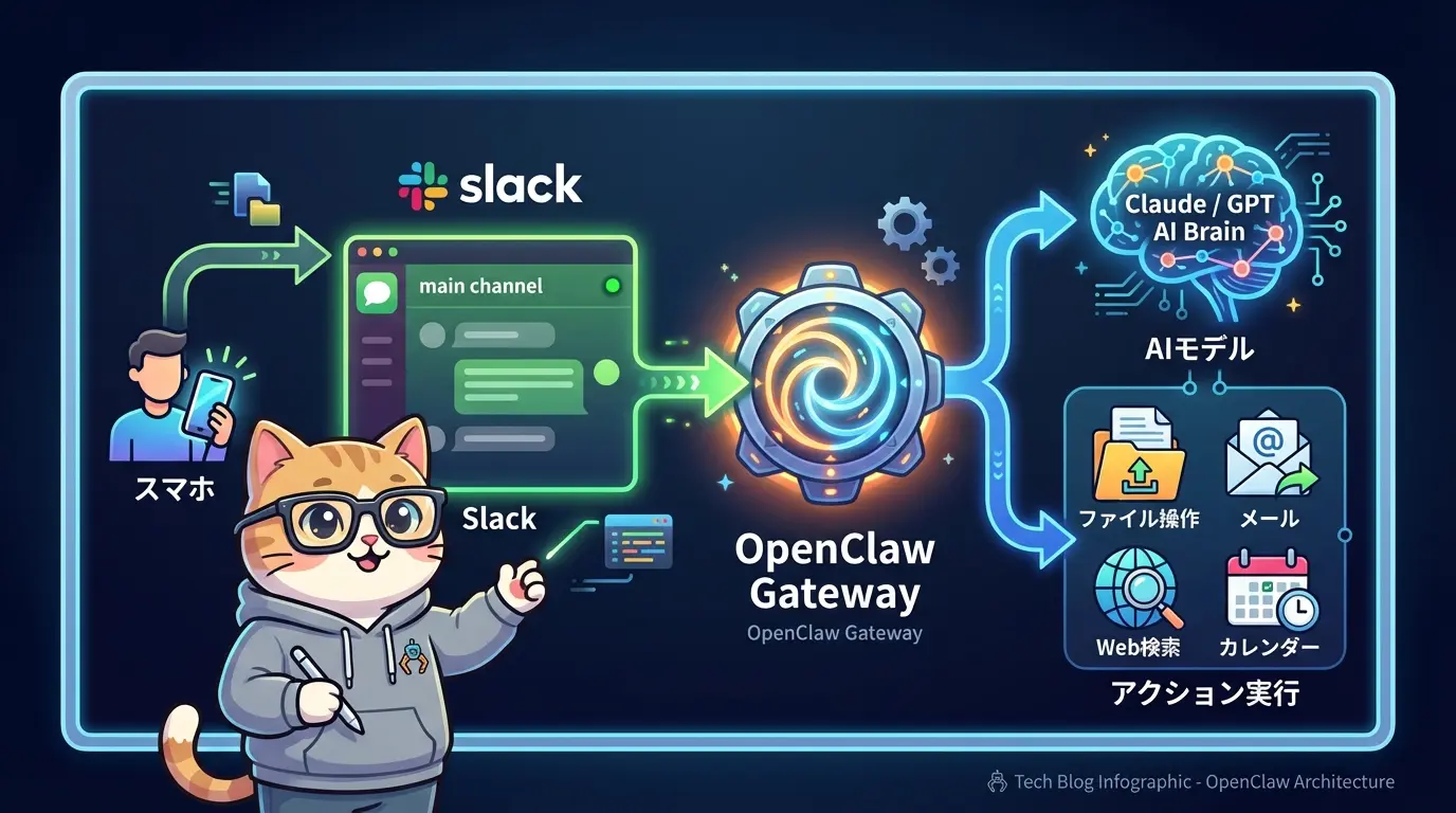 OpenClawのアーキテクチャ図:チャットアプリからGateway経由でAIモデルへ