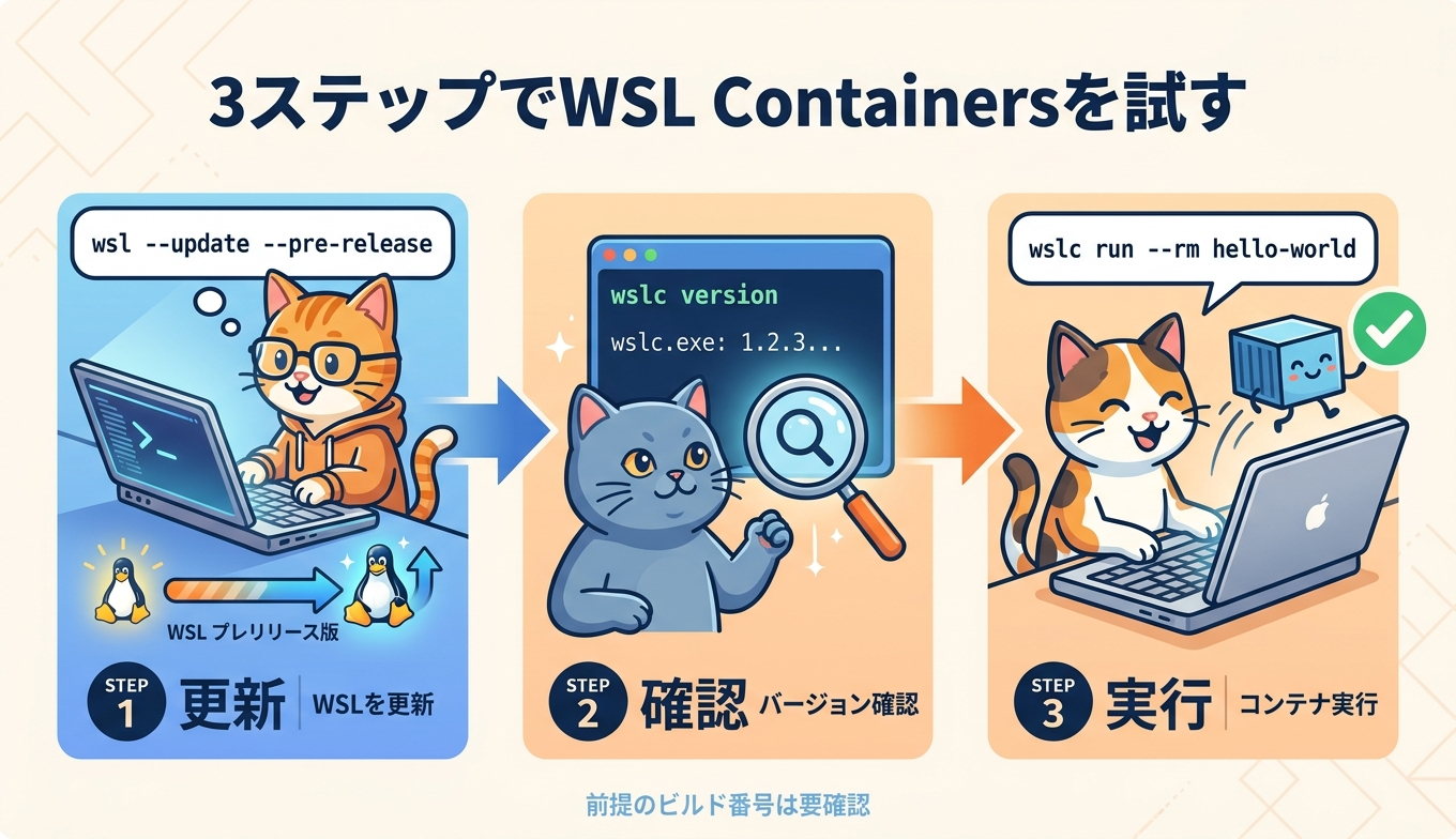 wsl --update --pre-releaseからwslc runまでのWSL Containers試用手順を左から右へ示した図