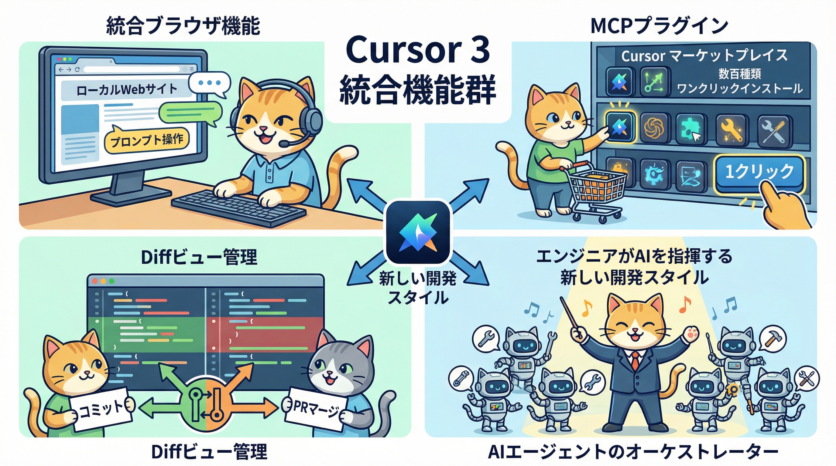 Cursor 3の新機能 — 統合ブラウザ、プラグインマーケットプレイス、Diffビュー