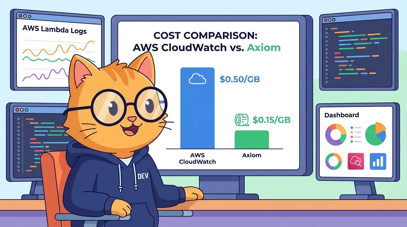Axiomを活用してAWS Lambdaの可観測性コストを削減するエンジニア猫のイラスト