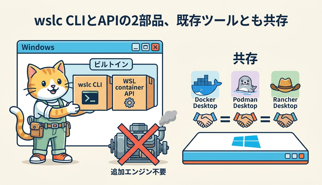 WSL Containersがwslc.exeとWSL container APIの2つで構成され、Docker Desktopと共存する様子を示した図