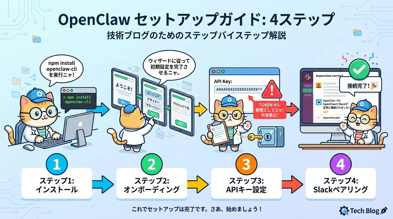 OpenClaw セットアップ手順:4ステップの図解
